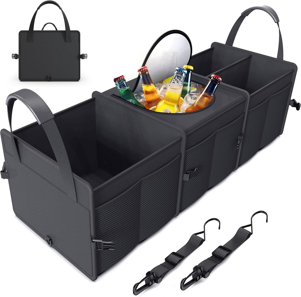 95L Capacity Heavy-Duty SUV Trunk Organizer with Cooler - Collapsible Car Storage Solution with 3 Compartments for Trucks and Vans