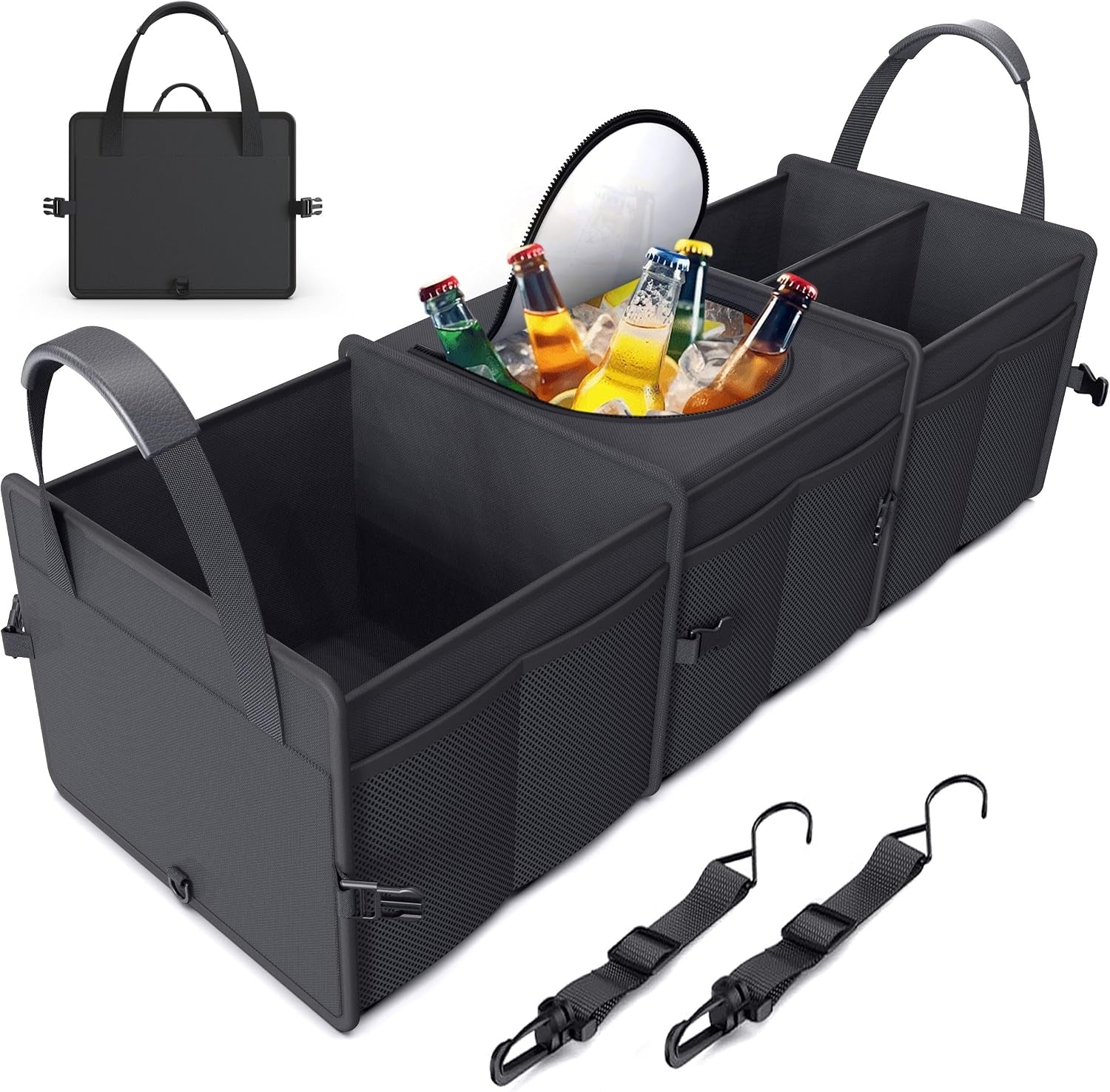 95L Capacity Heavy-Duty SUV Trunk Organizer with Cooler - Collapsible Car Storage Solution with 3 Compartments for Trucks and Vans
