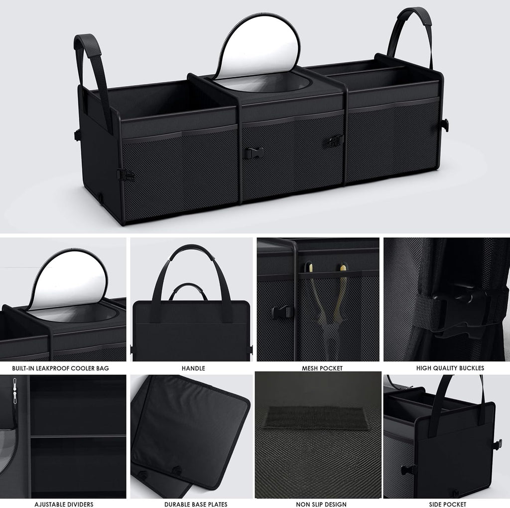 95L Capacity Heavy-Duty SUV Trunk Organizer with Cooler - Collapsible Car Storage Solution with 3 Compartments for Trucks and Vans