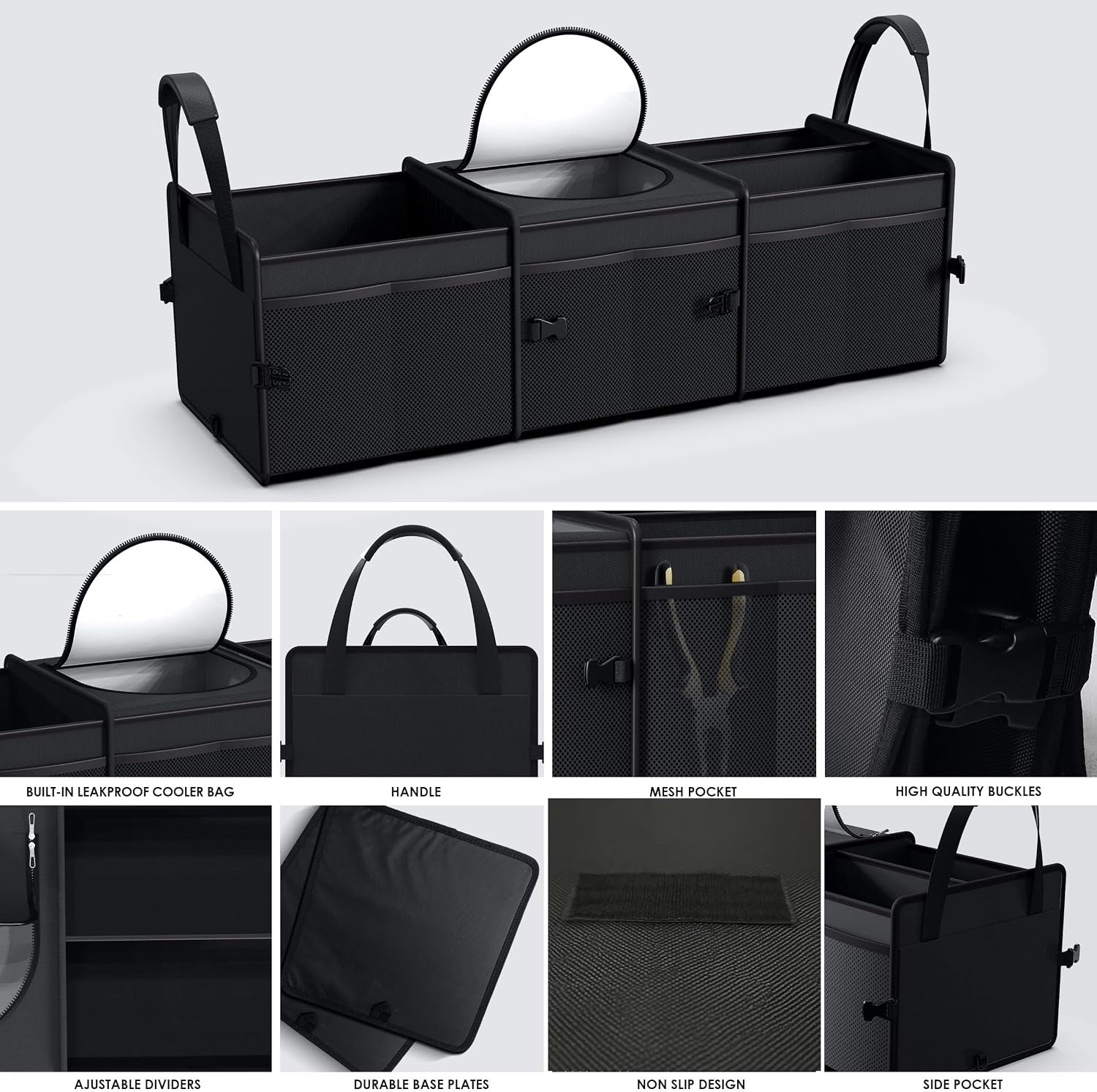 95L Capacity Heavy-Duty SUV Trunk Organizer with Cooler - Collapsible Car Storage Solution with 3 Compartments for Trucks and Vans