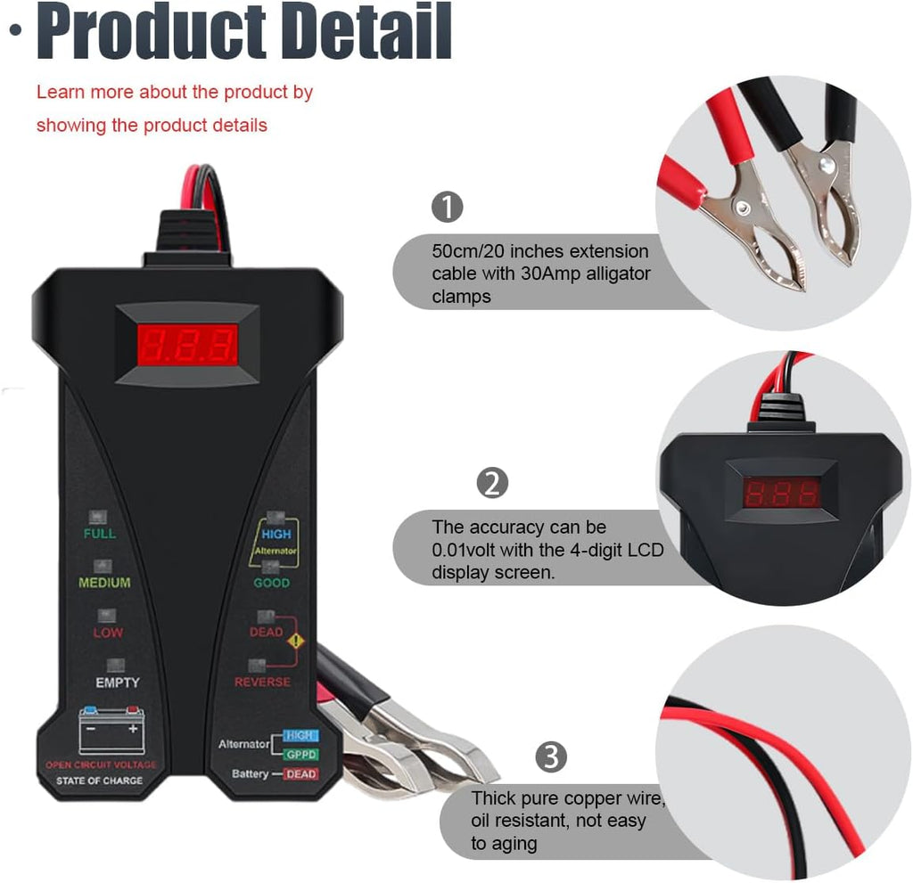 12V Digital Car Battery Tester and Alternator Charging System Analyzer with LCD Display and LED Indicators for Vehicles