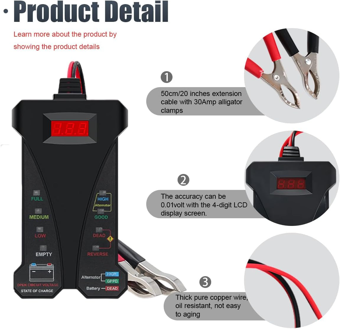 12V Digital Car Battery Tester and Alternator Charging System Analyzer with LCD Display and LED Indicators for Vehicles