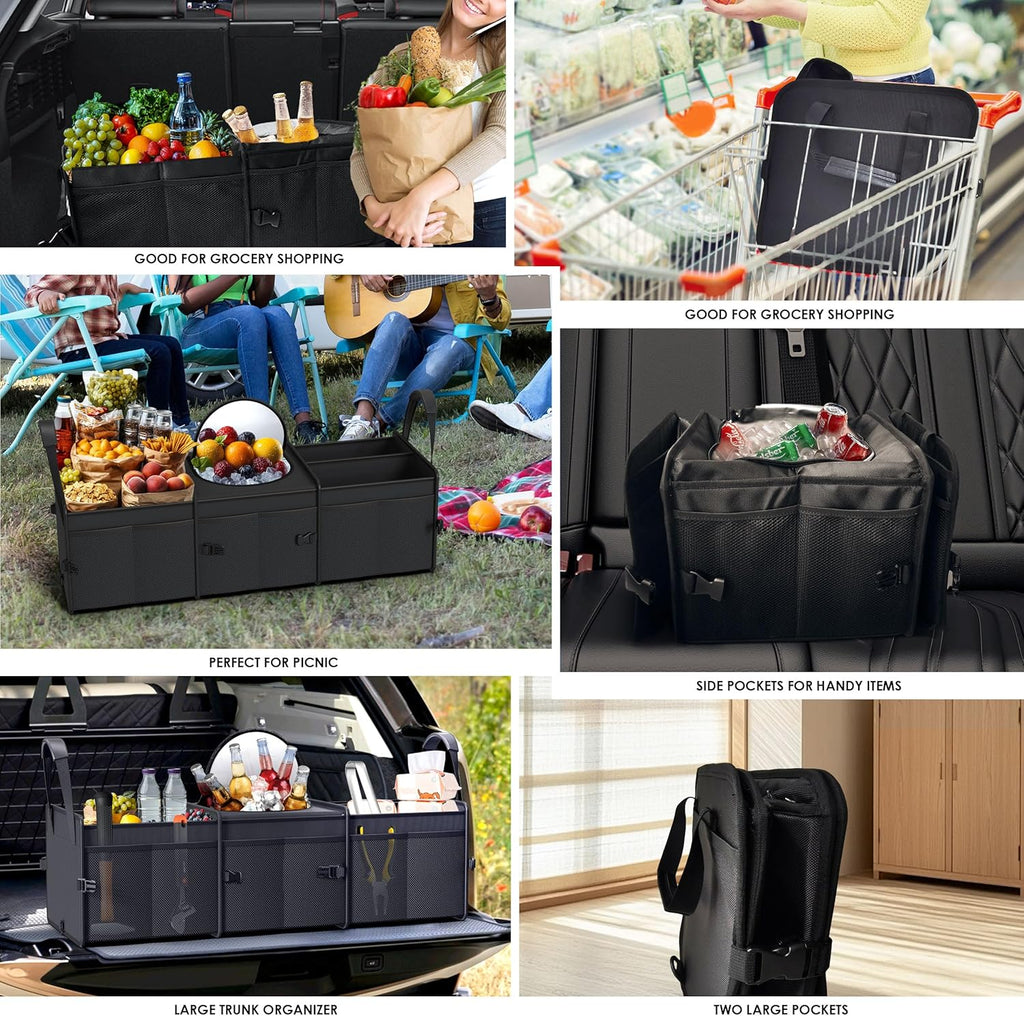 95L Capacity Heavy-Duty SUV Trunk Organizer with Cooler - Collapsible Car Storage Solution with 3 Compartments for Trucks and Vans