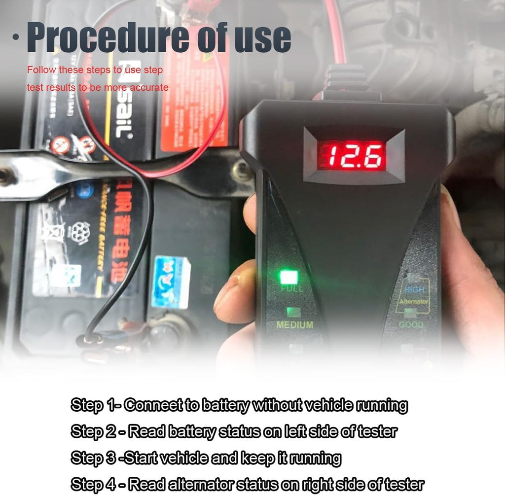 12V Digital Car Battery Tester and Alternator Charging System Analyzer with LCD Display and LED Indicators for Vehicles