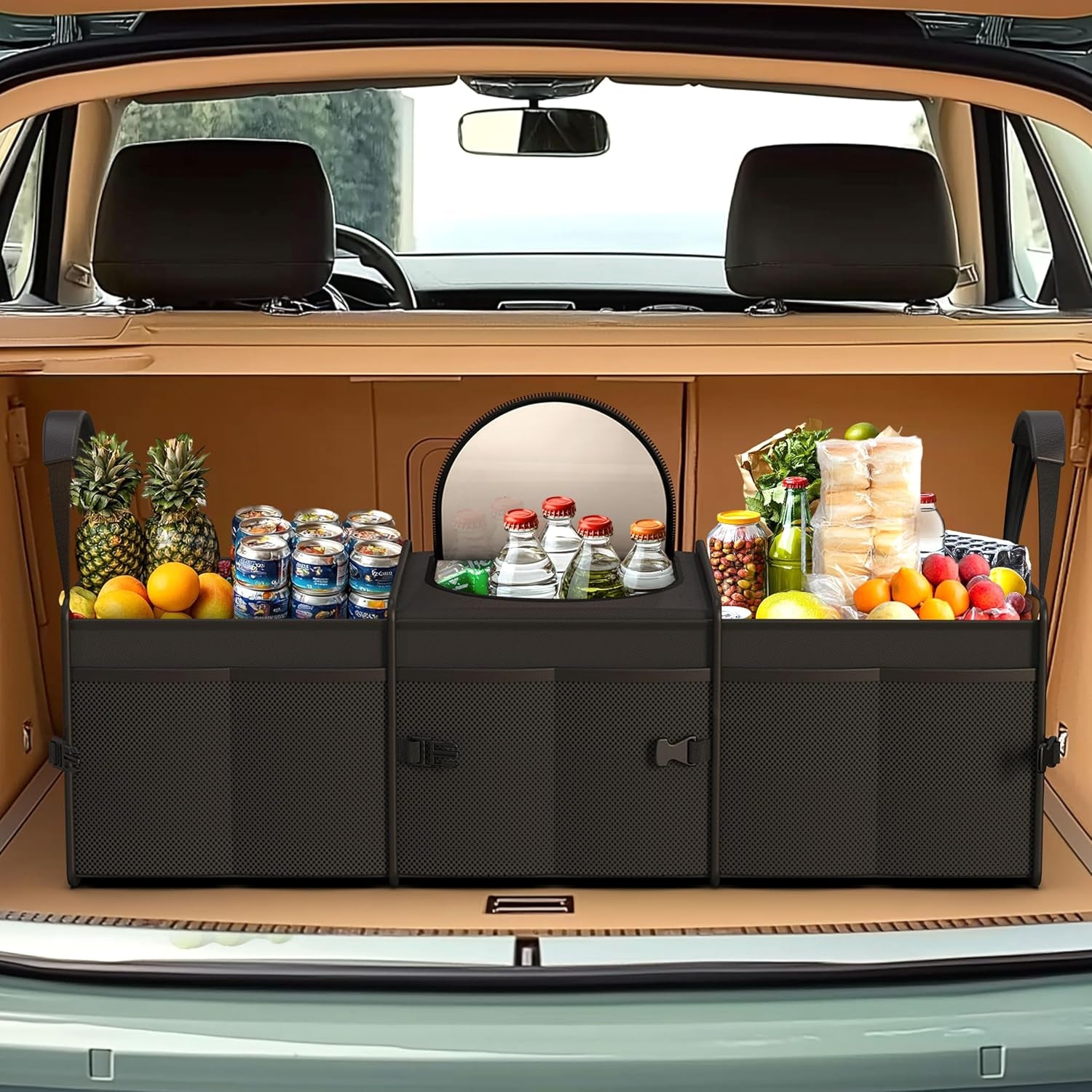 95L Capacity Heavy-Duty SUV Trunk Organizer with Cooler - Collapsible Car Storage Solution with 3 Compartments for Trucks and Vans
