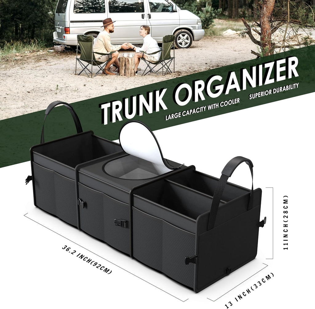 95L Capacity Heavy-Duty SUV Trunk Organizer with Cooler - Collapsible Car Storage Solution with 3 Compartments for Trucks and Vans
