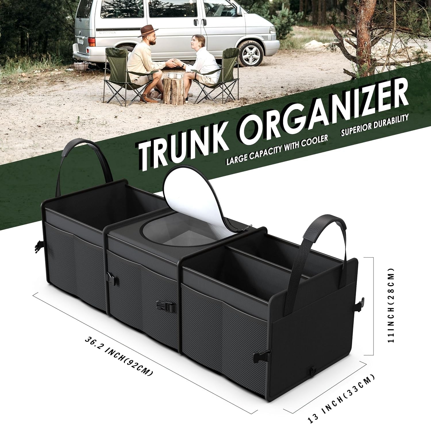 95L Capacity Heavy-Duty SUV Trunk Organizer with Cooler - Collapsible Car Storage Solution with 3 Compartments for Trucks and Vans