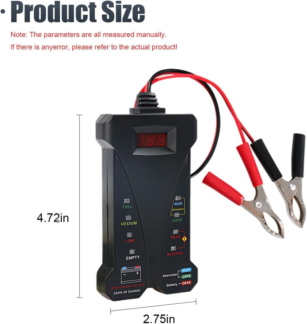 12V Digital Car Battery Tester and Alternator Charging System Analyzer with LCD Display and LED Indicators for Vehicles
