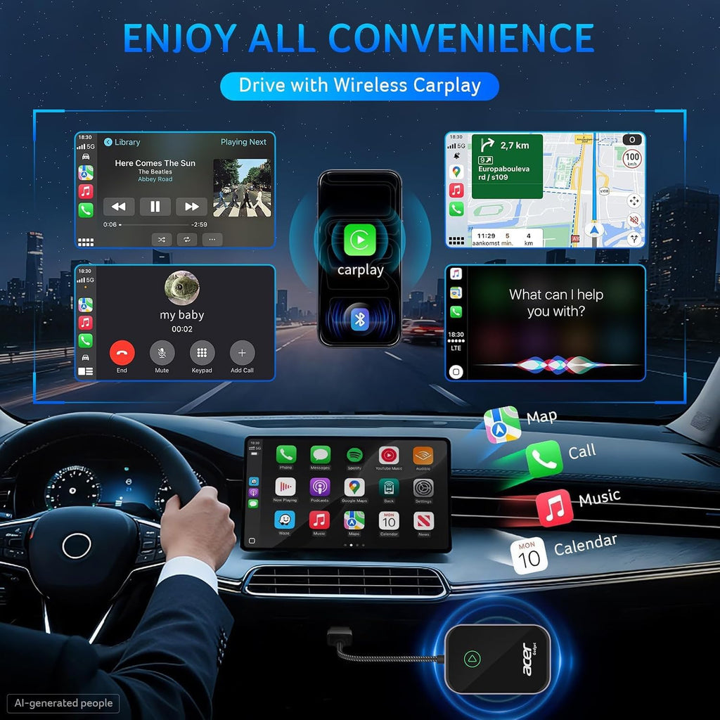 Acer Gadget Carplay Wireless Adapter for Apple — Iphone Wireless Apple Carplay Wireless Adapter Upgrade Wired Carplay to Wireless for Seamless Music Navigation Calls and Messages