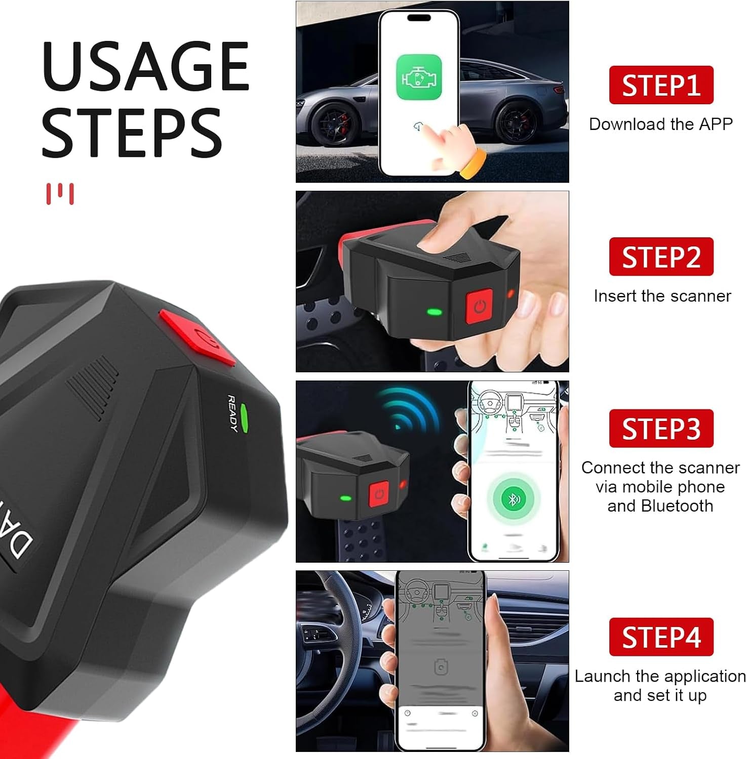 Car OBD2 Bluetooth Scanner, Reset and Clear Fault Codes Device, Wireless Data Detection Diagnostic Tool with Freeze Frame Design, Performance Test Device for Ios & Android & Windows (Black)