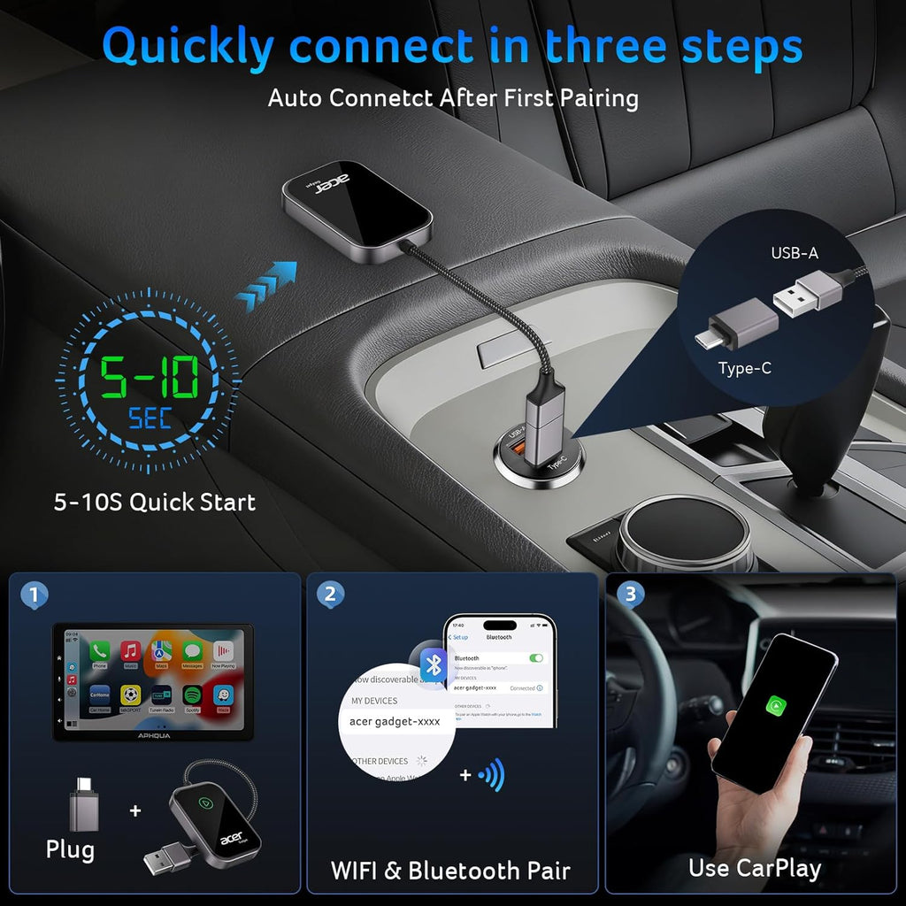 Acer Gadget Carplay Wireless Adapter for Apple — Iphone Wireless Apple Carplay Wireless Adapter Upgrade Wired Carplay to Wireless for Seamless Music Navigation Calls and Messages
